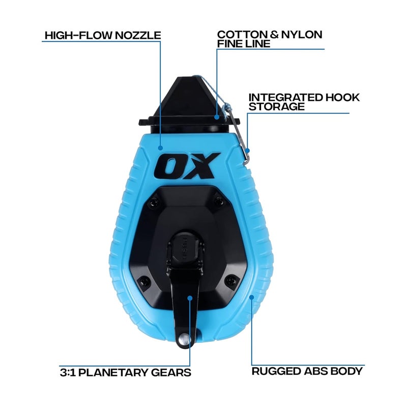 Ox Pro 100ft Contractor Chalk Line with Blue Chalk Powder 4oz - Quick-Wind Cotton Nylon Basic Bold Line Marking Tool in Pointed Tip ABS Plastic - 3:1 Gear Ratio Chalk Reel Tool -T630601 - Image 2